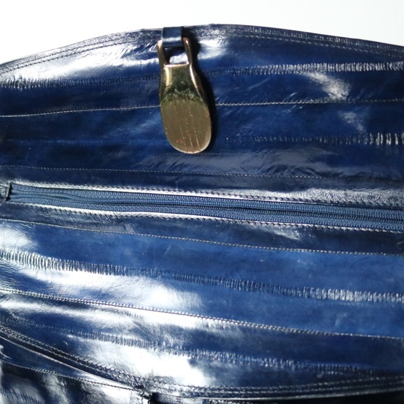 Vintage Genuine Eel Skin Leather Shoulder Crossbody Bag Purse Navy Blue 80s - Picture 6 of 11